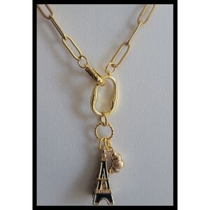 18k Gold Paperclip Necklace with Eiffel Tower & Croissant Charms